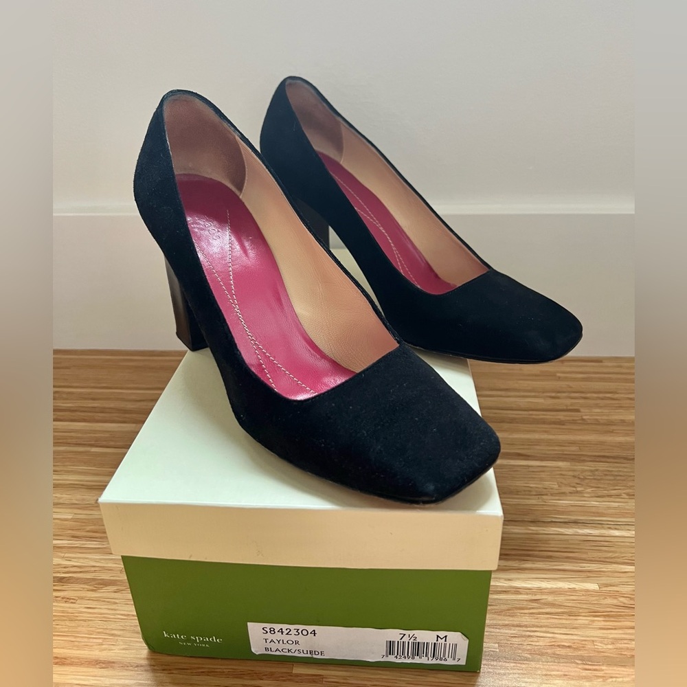 Kate Spade Black Suede Heels – Square Toe, 3.5" Heel, Women’s Size 7.5